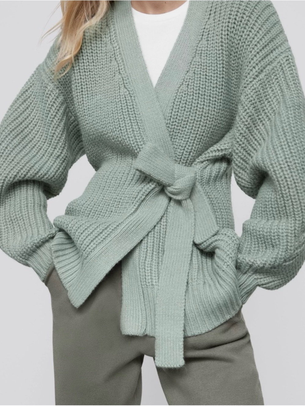 Zara Sage Green Knit Wrap Cardigan with Self-Tie Belt